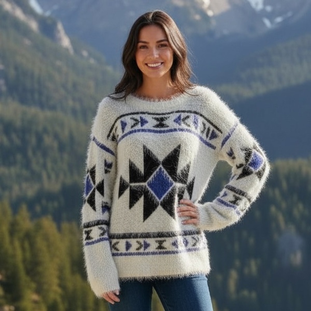 STACCATO AZTEC PRINT BLUE & CREAM FUZZY KNIT OVERSIZED PULLOVER SWEATER SIZE L - Picture 7 of 7